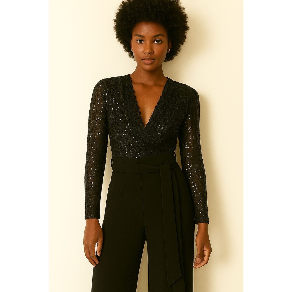 Jainmy Martinez Black Sequin‎ Wide Leg Jumpsuit Special Occasion Size 8